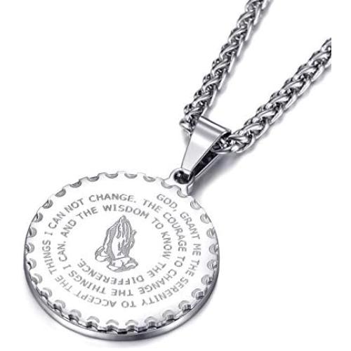 MOO&LEE Serenity Prayer Lords Prayer Coin Pendant Necklace for Men Christian Jewelry 24 Inch Stainless Steel Link Chain