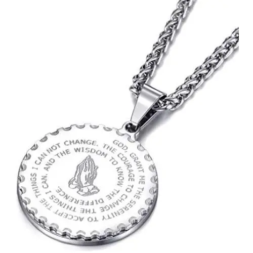 MOO&LEE Serenity Prayer Lords Prayer Coin Pendant Necklace for Men Christian Jewelry 24 Inch Stainless Steel Link Chain