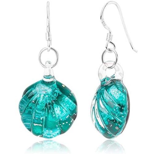 SUVANI Sterling Silver Hand Blown Glass Jewelry Clear Seashell Shaped Dangle Earrings, Color Variations