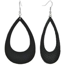 Geometric Wooden & Leather Teardrop Earrings for Women Girls - Bohemian Lightweight Cork Leopard Zebra Classic Printed Genuine Leather Dangle Earring