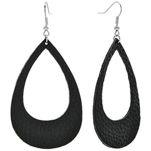 Geometric Wooden & Leather Teardrop Earrings for Women Girls - Bohemian Lightweight Cork Leopard Zebra Classic Printed Genuine Leather Dangle Earring