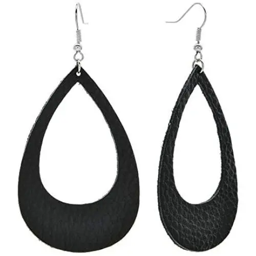 Geometric Wooden & Leather Teardrop Earrings for Women Girls - Bohemian Lightweight Cork Leopard Zebra Classic Printed Genuine Leather Dangle Earring