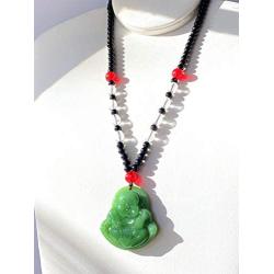 Laughing Buddha Green Jade Stabilized Turquoise Pendant 30''Black White Bead Necklace Carved Long Large Boho Chain Genuine Certified Grade A Jadeite Hand Crafted, Jade Medallion