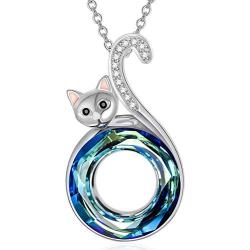 AOBOCO Cat Necklace Sterling Silver Kitty Pendant Embellished with Crystals from Austria, Cat Gifts for Cat Lovers, Fine Cat Jewelry Gifts for Women