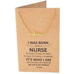 Quan Jewelry EKG Heartbeat Necklace, Lifeline Pulse Pendant, Female Nurse RN Graduation Gifts with Greeting Card, 16-in to 18-in, Gold-tone