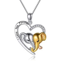 LONAGO 925 Sterling Silver Lucky Double Elephant Necklace I Love You Forever Heart Pendant Valentines Animal Jewelry Gift for Women Girlfriend