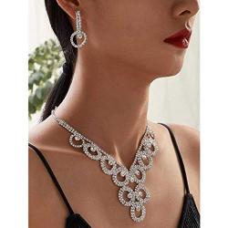 Masiter Rhinestone Necklace Crystal Earrings Glitter Tennis Chain 2Pcs Wedding Bridal Bridesmaid Costume Jewelry Set for Women and Girls
