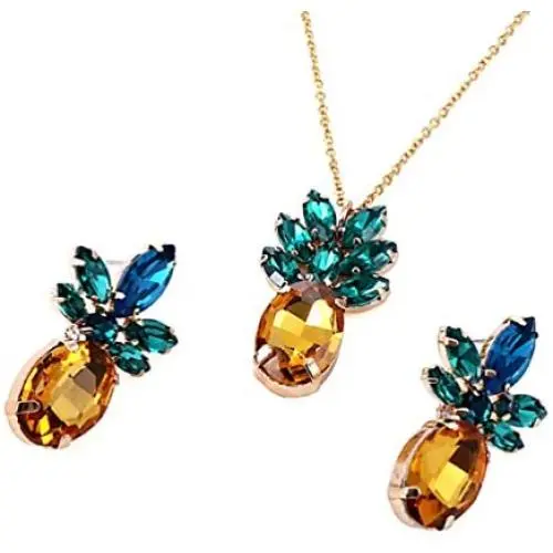 Sparkling Yellow Emerald Crystal Vintage Trendy Fruit Pineapple Earrings Stud Necklace Jewelry Sets For Women Girls (pineapple earring)