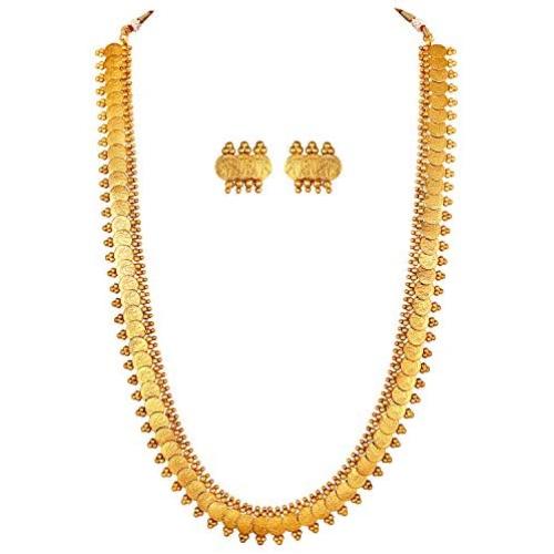 Aheli Wedding Wear Gold Tone Goddess Engraved on Coin Long Necklace Set South Indian Traditional Bollywood Fashion Jewelry Set for Women