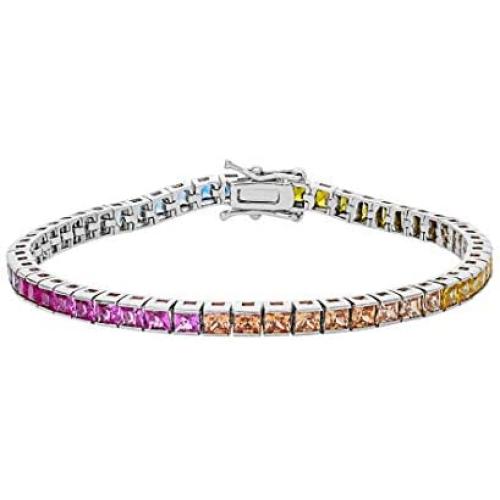 Diamoness Sterling Silver Rainbow Cubic Zirconia Tennis Bracelet, 7.25”