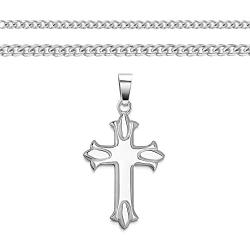 XP Jewelry Sterling Silver Budded Cross Pendant Italian Made Curb Chain Necklace - Choice of Sizes