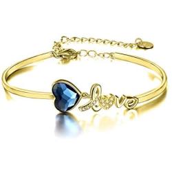 AOBOCO I Love You Jewelry Sterling Silver Love Heart Bangle Bracelet, Blue Crystals from Austria, Fine Jewelry Gifts for Women