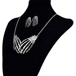 FXmimior Silver Skeleton Hand Shapped Halloween Gothic Necklet Rock Punk Accessories Women Girl (necklace& earrings)