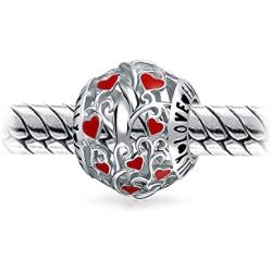 Red Silver Round I Love You Word Filigree Red Hearts Charm Bead For Women Teen .925 Sterling Silver Fits European Charm Bracelet