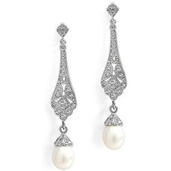 Mariell Cubic Zirconia Vintage Art Deco Dangle Earring with Freshwater Pearl Drops for Brides or Weddings
