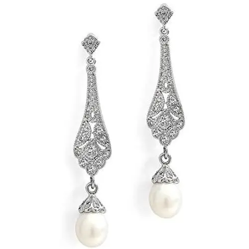Mariell Cubic Zirconia Vintage Art Deco Dangle Earring with Freshwater Pearl Drops for Brides or Weddings