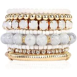 RIAH FASHION Multi Color Stretch Beaded Stackable Bracelets - Layering Bead Strand Statement Bangles