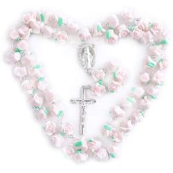 Rosary Beads Necklace Polymer Clay Rose Catholic Rosary Necklace Jewelry with Alloy Christian Vintage Cross Confirmation Gifts for Women Teenage Girl
