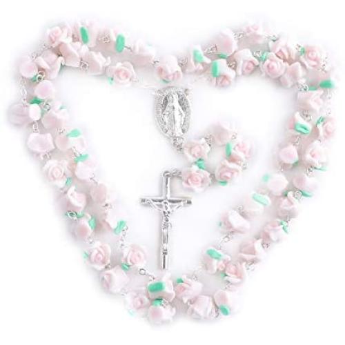 Rosary Beads Necklace Polymer Clay Rose Catholic Rosary Necklace Jewelry with Alloy Christian Vintage Cross Confirmation Gifts for Women Teenage Girl