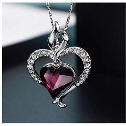 Heart Pendant Necklace - New Heart and Flame Design with Crystals from Swarovski - Womens and Girls Jewelry - Fuchsia Colored Crystal Heart Shaped Pendant Necklace