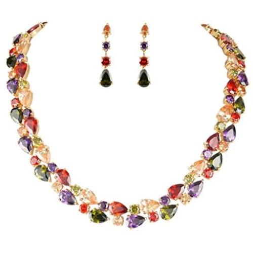 EVER FAITH Full Zircon Party Layer Tear Drop Necklace Earrings Set