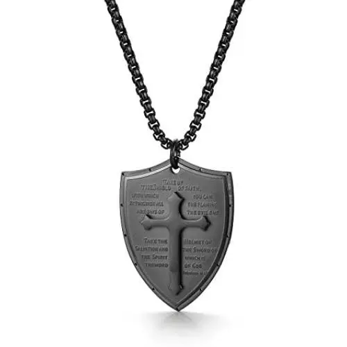 Cupimatch Men Shield Armor of God Ephesians 6:16-17 Faith Cross Necklace, Stainless Steel Pendant Necklace,Black Cupimatch Men Shield Armor of God Ephesians 6:16-17 Faith Cross Necklace, Stainless Steel Pendant Necklace,Black