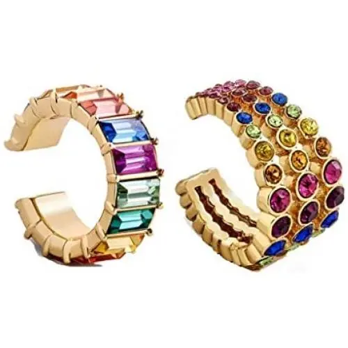 1 Pair Bohemian Rainbow C-shaped Rhinestone Crystal Ear Cuff Hoop Earrings Boho Ethnic Colorful Geometric Circle Round Clip Earring Gold Earcuff for No Piercing Women Girl Wedding Party Jewelry
