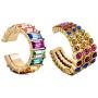 1 Pair Bohemian Rainbow C-shaped Rhinestone Crystal Ear Cuff Hoop Earrings Boho Ethnic Colorful Geometric Circle Round Clip Earring Gold Earcuff for No Piercing Women Girl Wedding Party Jewelry