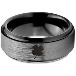 Lucky Charm Four Leaf Clover Ring - Tungsten Band 8mm - Men - Women - 18k Rose Gold Step Bevel Edge - Yellow - Grey - Blue - Black - Brushed - Polished - Wedding - Gift Dome Flat