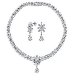 Vintage Style Fashion Bridal Multi Marquise Leaf Starburst AAA CZ Statement Collar Tennis Necklace Matching Chandelier Dangle Earrings Jewelry Set for Women Wedding Prom Pageant Silver Plated