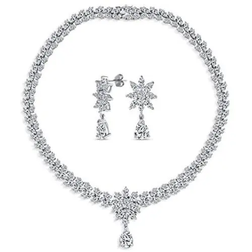 Vintage Style Fashion Bridal Multi Marquise Leaf Starburst AAA CZ Statement Collar Tennis Necklace Matching Chandelier Dangle Earrings Jewelry Set for Women Wedding Prom Pageant Silver Plated Vintage Style Fashion Bridal Multi Marquise Leaf Starburst AAA CZ Statement Collar Tennis Necklace Matching Chandelier Dangle Earrings Jewelry Set for Women Wedding Prom Pageant Silver Plated