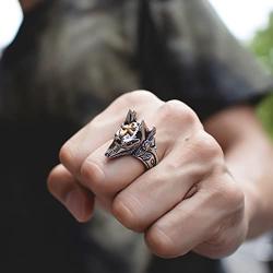 Rinspyre Mens Stainless Steel Egyptian God Anubis Gold Ankh Cross Ring Biker Band