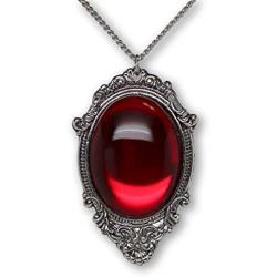 Blood Red Cabochon in Silver Finish Pewter Frame Pendant Necklace