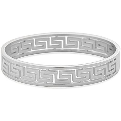 Edforce Stainless Steel Womens Greek Pattern Oval Cutout Hinged Bangle Bracelet