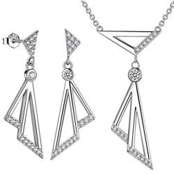 Besilver Valentine Gift Triangle Necklace Earrings Set Women Men 925 Sterling Silver 18K Gold Filled Cubic Zirconia Triangle Jewish Chai Necklace Jewelry Gift