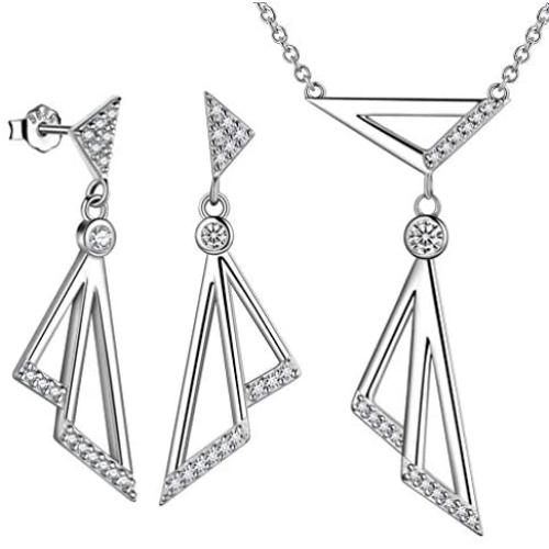 Besilver Valentine Gift Triangle Necklace Earrings Set Women Men 925 Sterling Silver 18K Gold Filled Cubic Zirconia Triangle Jewish Chai Necklace Jewelry Gift