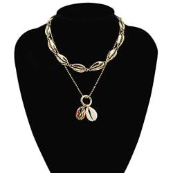 The Woos Layered Simulated Chain Choker Shell Map Heart Crystal Pendant Necklace Hollow Out Round Circle Punk Chunky Gold Long Chain Statement Choker Necklace for Women Girls Jewelry