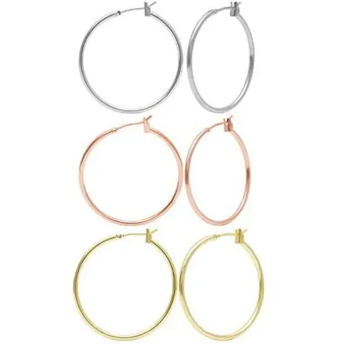 3 Pairs Rose Gold Plated Hoop Earrings for Women Girl Fashion Sensitive Ears