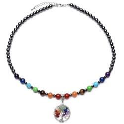 Jovivi Black Magnetic Hematite 7 Chakra Healing Balancing Therapy Energy Crystal Stretch Beads Bracelet & Tree of Life Necklace Pendant