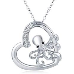 JUSTKIDSTOY Octopus Necklace for Women Girls 925 Sterling Silver Heart Pendant Octopus Jewelry for Sea Lover Birthday