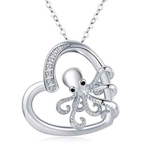 JUSTKIDSTOY Octopus Necklace for Women Girls 925 Sterling Silver Heart Pendant Octopus Jewelry for Sea Lover Birthday