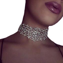 Nicute Rhinestone Choker Necklace Crystal Flower Necklaces Chain Festival Neck Jewelry for Women and Girls (Silver)