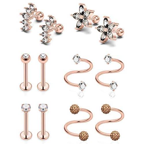 Goerhsjie 16G Ear Cartilage Earrings Hoop Helix Piercing Jewelry Tragus Earrings Cartilage Stud for Men Women Cubic Zirconia Inlaid 6 Pairs
