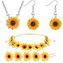 Picano 8 Pieces Sunflower Pendant Necklace Sunflower Drop Earrings Sunflower Hair Clip Sunflower Boho Headband Wreath for Women Jewelry Accessories