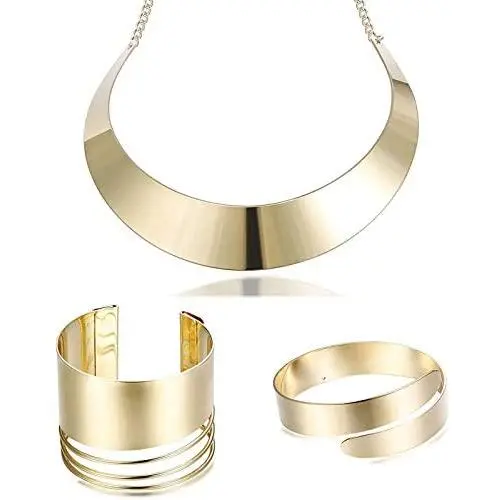 Hanpabum Statement Choker Necklace Open Upper Arm Band and Cuff Bracelets Set for Women Girls Gold Tone Wristband Women Jewelry Set Adjustable