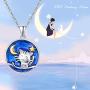 TRISHULA Cat Necklace for Women,S925 Silver Sterling Cute Cat with Moon and Star Pendant Blue Night Sky Jewelry Gift for Mom Daughter Girlfriend Cat Lover