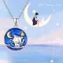 TRISHULA Cat Necklace for Women,S925 Silver Sterling Cute Cat with Moon and Star Pendant Blue Night Sky Jewelry Gift for Mom Daughter Girlfriend Cat Lover