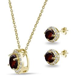 Gold Flashed Sterling Silver Genuine, Created or Simulated Gemstone Round Halo Necklace & Stud Earrings Set with CZ Accents