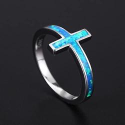 Mozume Created Black Opal Christian Sideways Cross Ring 925 Sterling Silver