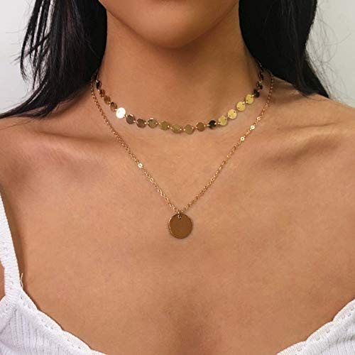 Avanlin Gypsy Layered Sequin Necklaces Gold Coin Pendant Choker Necklace Chain Jewelry for Women and Girls